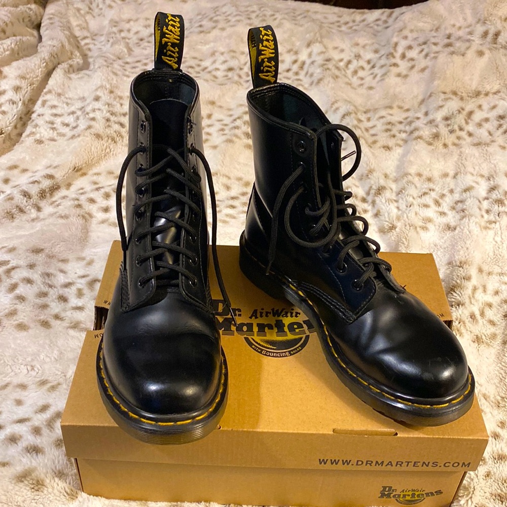Doc Martens AirWair, shiny leather boots.